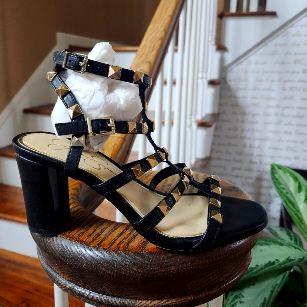 Black with gold details ankle strap sandals
